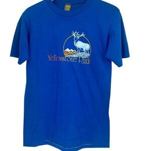 1982 Vtg Russell Yellowstone Park Elk Wild West Graphic Blue Shirt Single Stitch